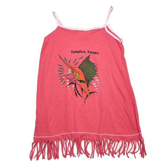 Camps Vintage Y2K Tampico Tamps Marlin Mini Dress Coverup Fringe Pink Tropical - Picture 3 of 10